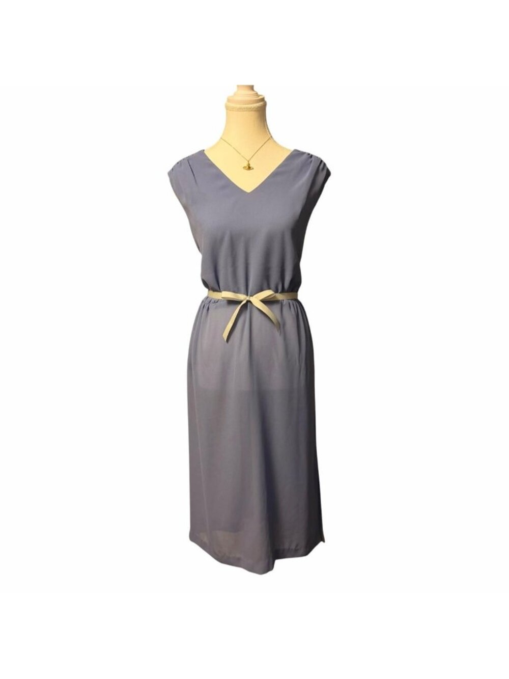 Classic Elegant 1980s Chiffon Slate Blue Vintage Midi Dress